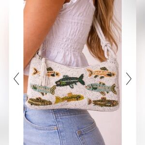 Cream Beaded Fish Shoulder Bag with Green & Yellow Fish Design